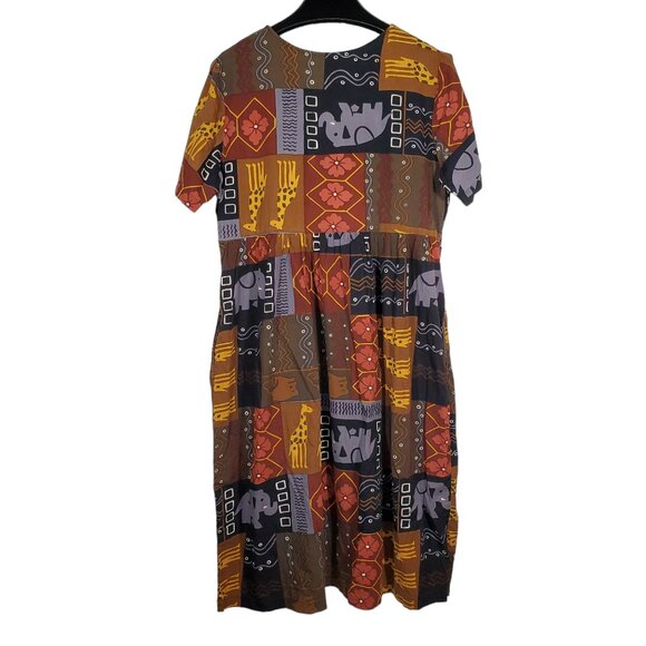 Go Softly Safari House Dress Midi Button-Front Animal Patchwork Giraffe Elephant - Picture 6 of 7
